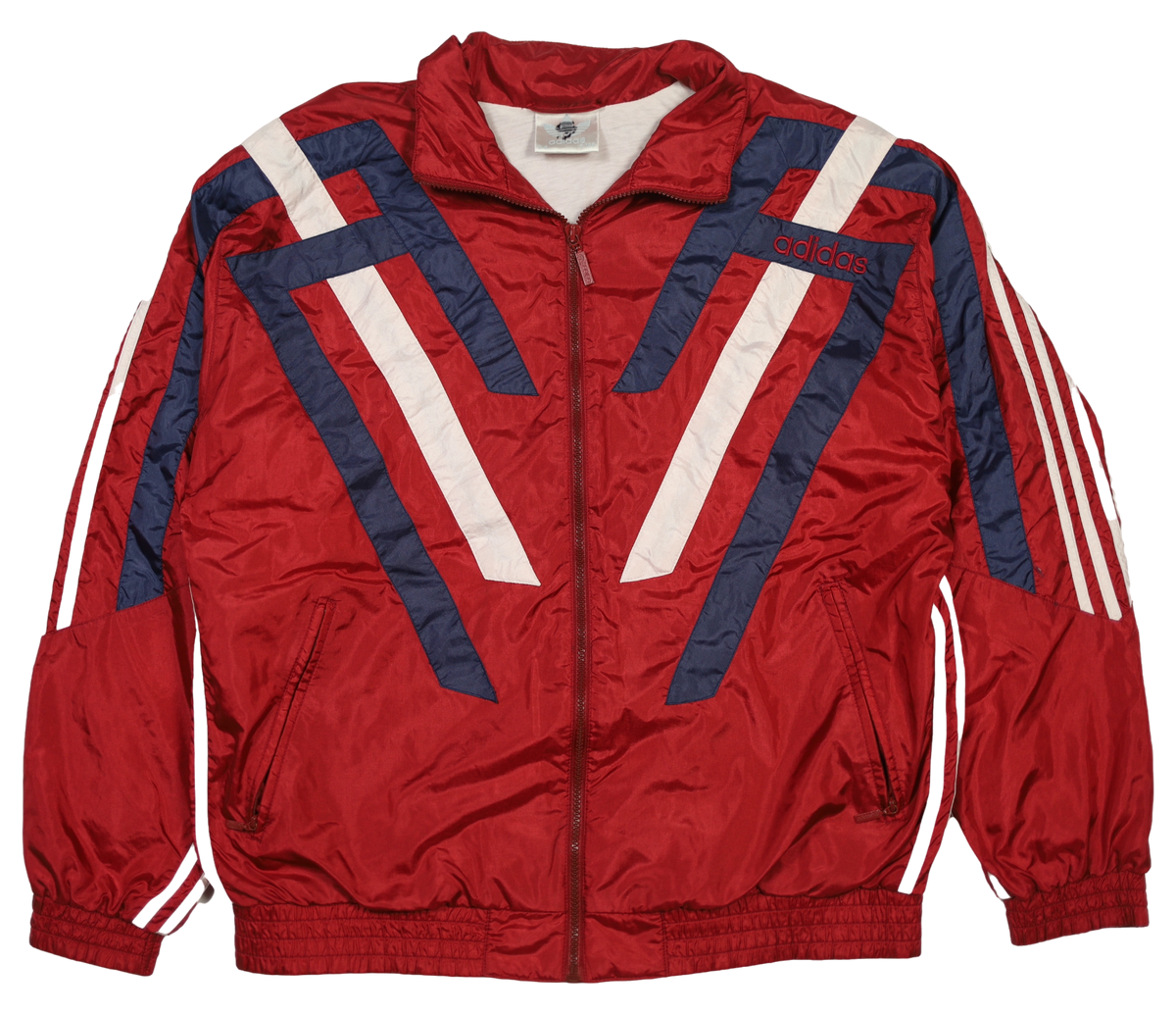 Vintage Y2K Adidas red nylon jacket — front view, Mens Size L