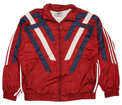 Vintage Y2K Adidas red nylon jacket — front view, Mens Size L