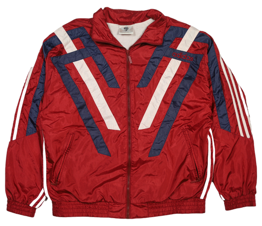 Vintage Y2K Adidas red nylon jacket — front view, Mens Size L