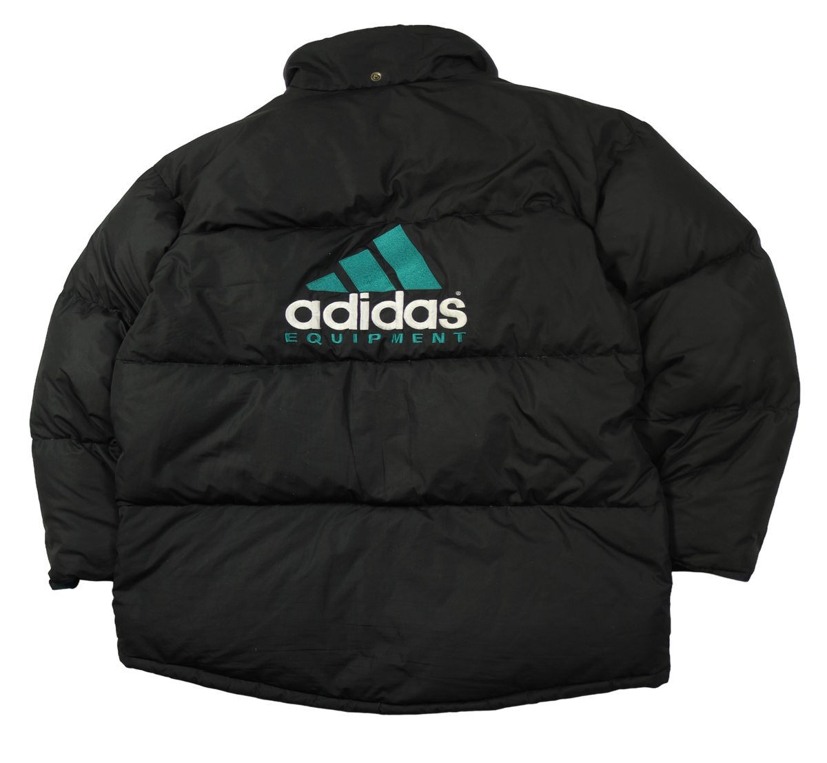 Vintage Adidas Equipment black puffer jacket — front view, Mens Size XL