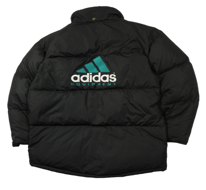 Vintage Adidas Equipment black puffer jacket — front view, Mens Size XL