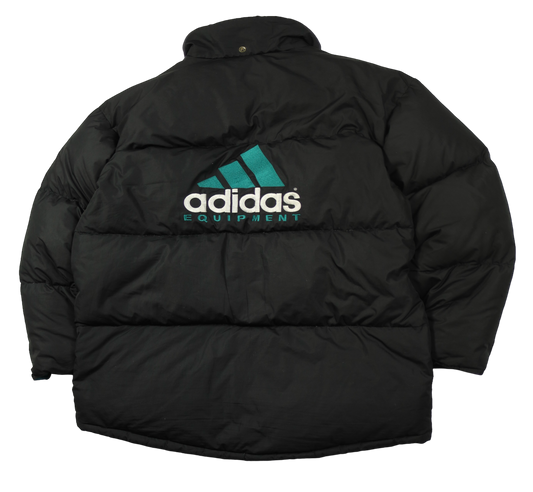 Vintage Adidas Equipment black puffer jacket — front view, Mens Size XL