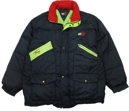 Vintage Tommy Hilfiger black goose down jacket — front view, Mens Size XXL