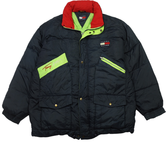 Vintage Tommy Hilfiger black goose down jacket — front view, Mens Size XXL