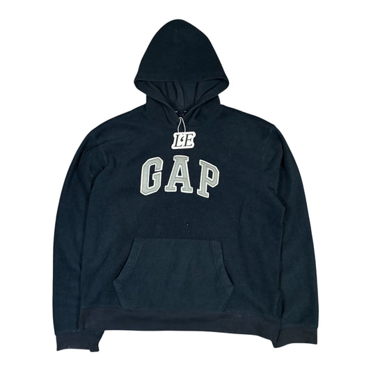 Y2K vintage Gap black fleece spell-out hoodie — front view, Size M-L
