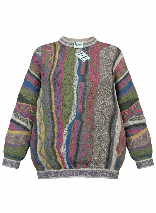 Vintage COOGI Australia 3D knit abstract sweater — front view, Mens Size M