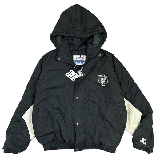 Vintage Damen 1990er Oakland Raiders Starter NFL American Football Athletic Puffer Jacke Größe L