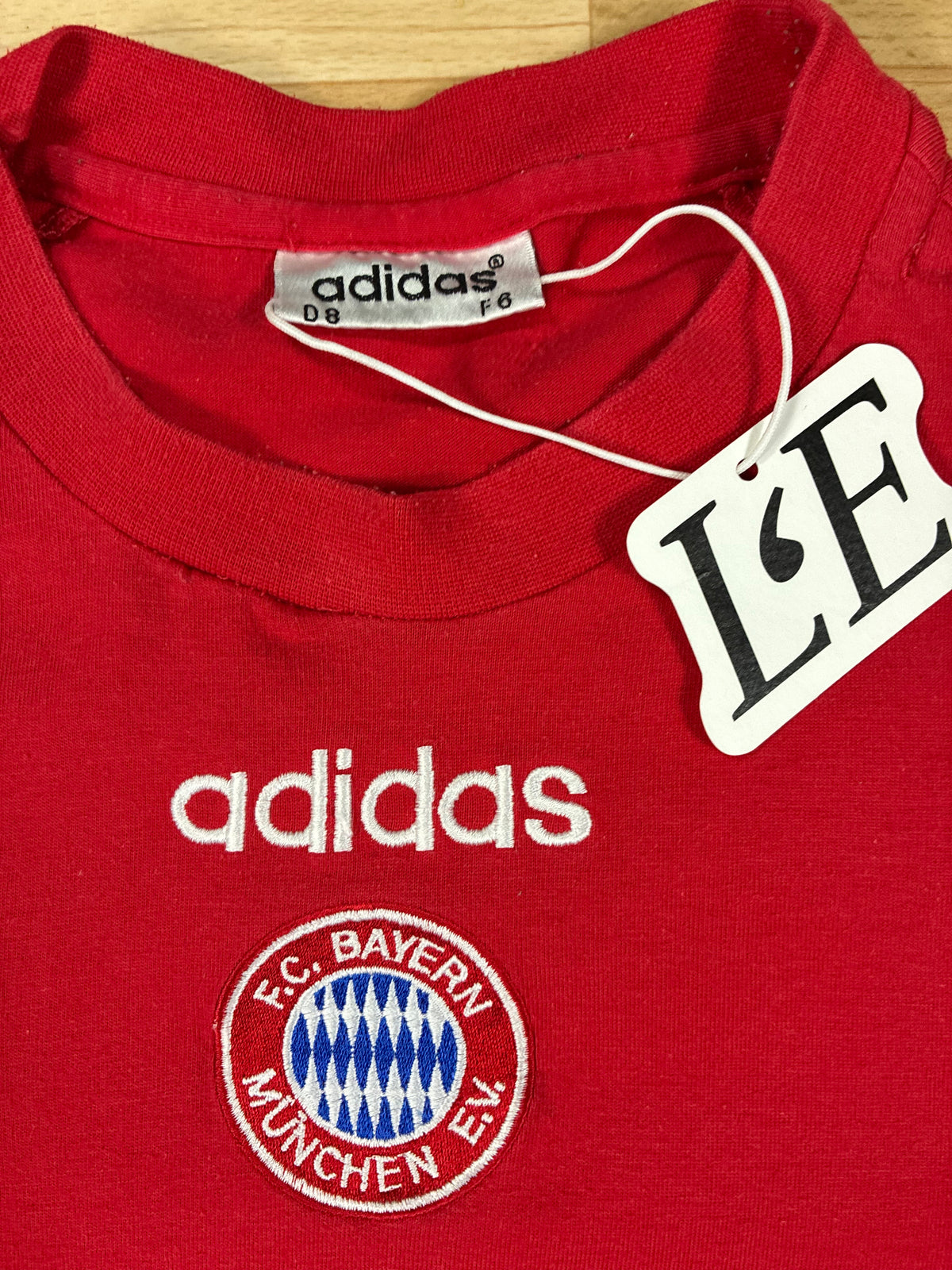 Vintage Adidas Bayern Munich football tee crest close-up
