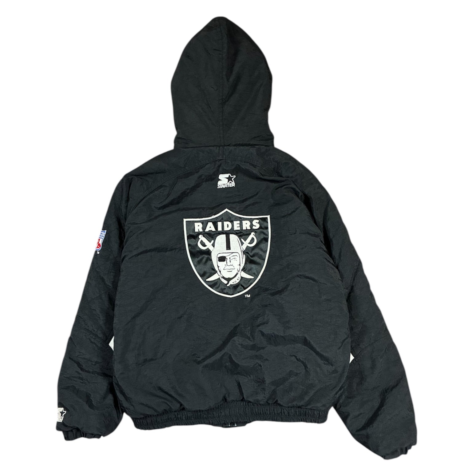 Vintage Women’s 1990s Oakland Raiders Starter NFL American Football Athletic Puffer Jacket Size L