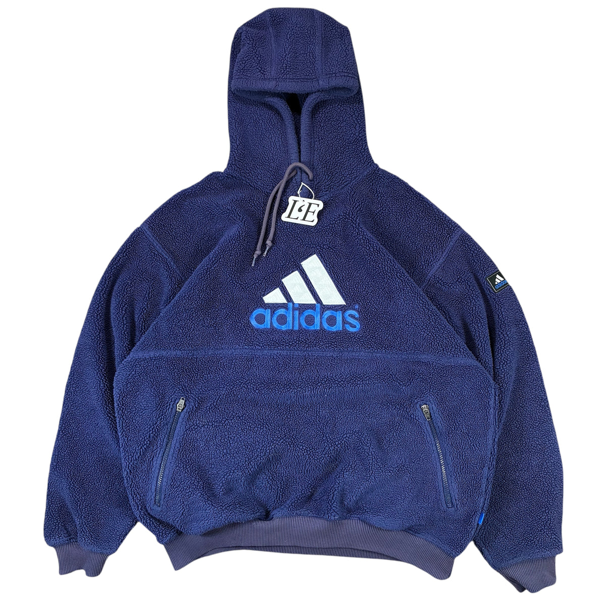 Vintage 1999 Adidas teddy fleece hoodie — front view, Size L-XL