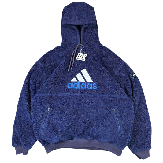 Vintage 1999 Adidas teddy fleece hoodie — front view, Size L-XL