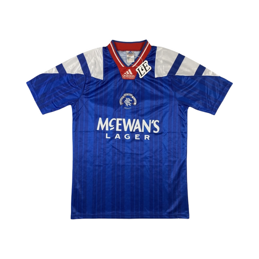 Vintage Adidas Glasgow Rangers 1992-94 home jersey — front view, Mens Size M