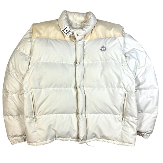 Vintage Moncler Grenoble 1980s white puffer jacket — front view, Mens Size XL