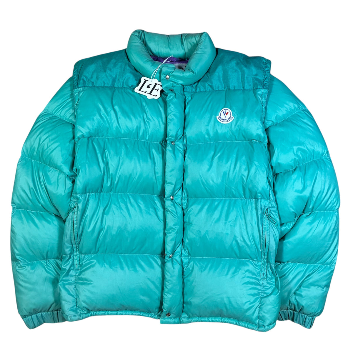Vintage Moncler Grenoble 1980s teal puffer jacket — front view, Mens Size M