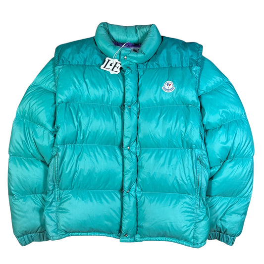 Vintage Moncler Grenoble 1980s teal puffer jacket — front view, Mens Size M