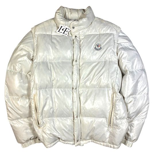 Vintage Moncler Grenoble 1980s white puffer jacket — front view, Mens Size M