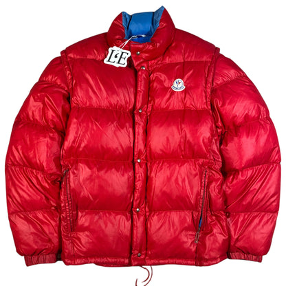 Vintage Moncler Grenoble 1980s red puffer jacket — front view, Mens Size S