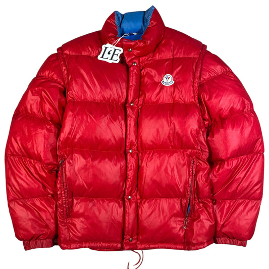 Vintage Moncler Grenoble 1980s red puffer jacket — front view, Mens Size S