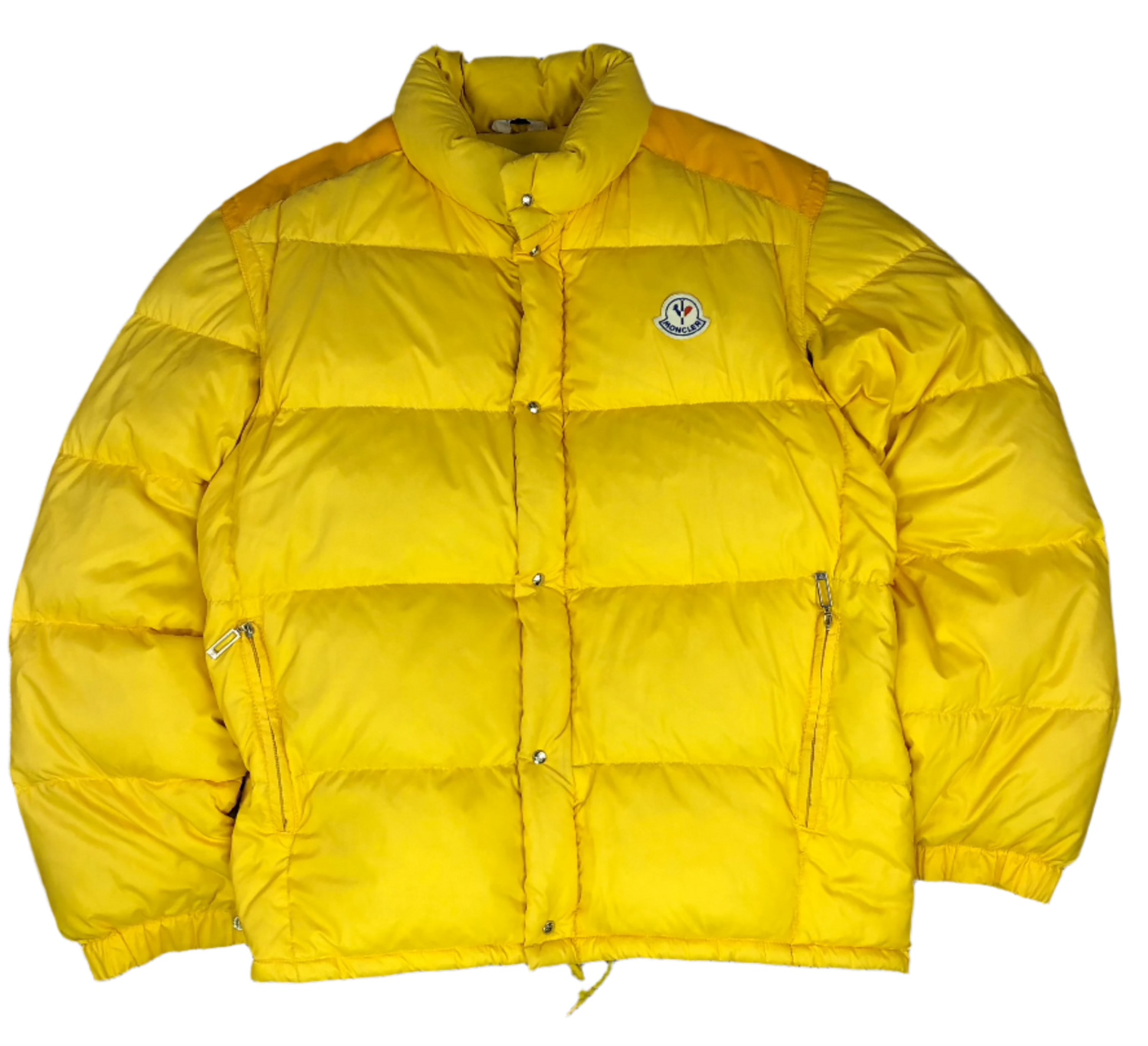 Vintage Moncler Grenoble 1980s yellow puffer jacket — front view, Mens Size L