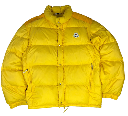 Vintage Moncler Grenoble 1980s yellow puffer jacket — front view, Mens Size L