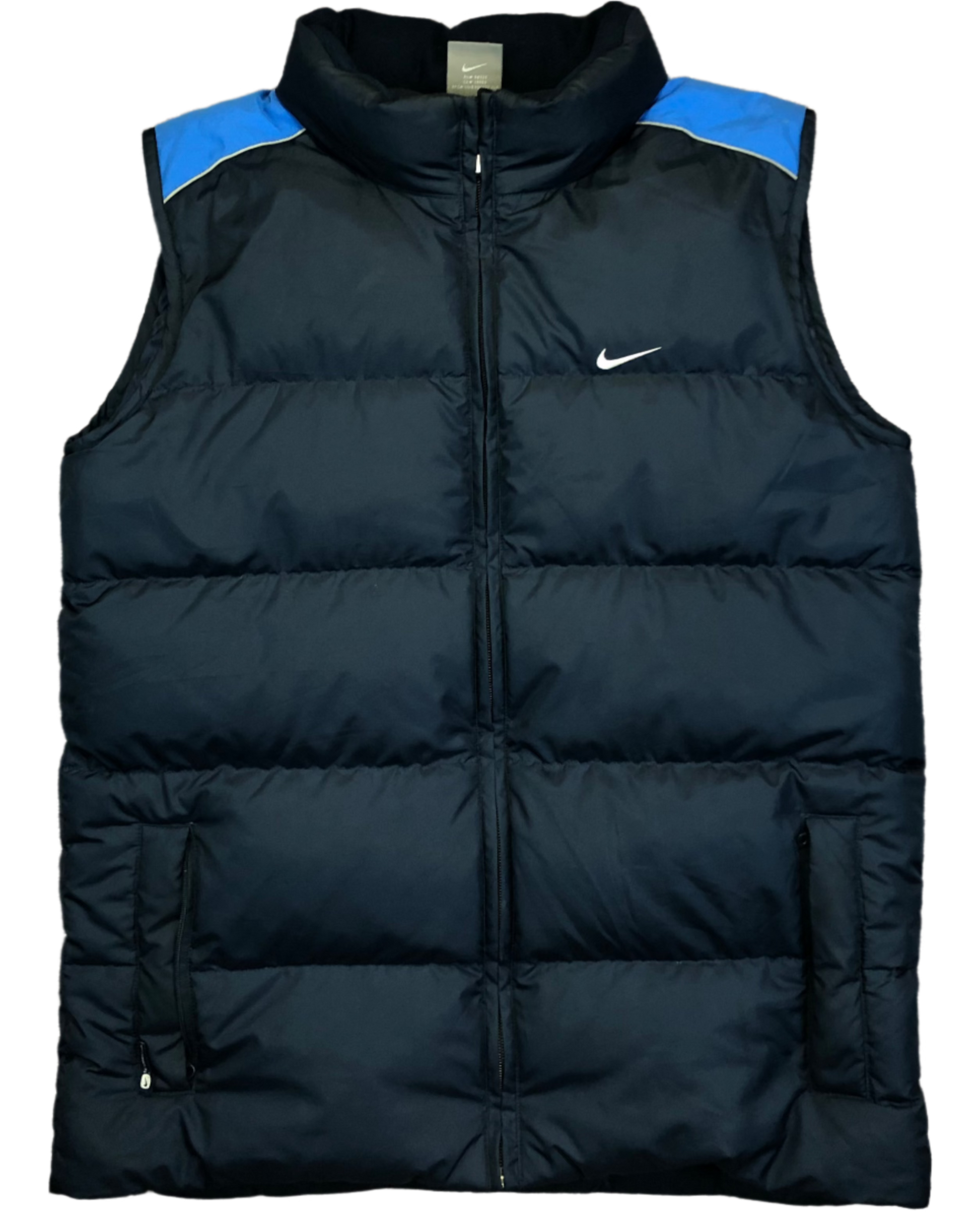 Vintage Y2K Nike blue puffer vest — front view, Mens S