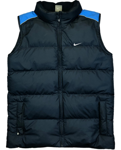 Vintage Y2K Nike blue puffer vest — front view, Mens S