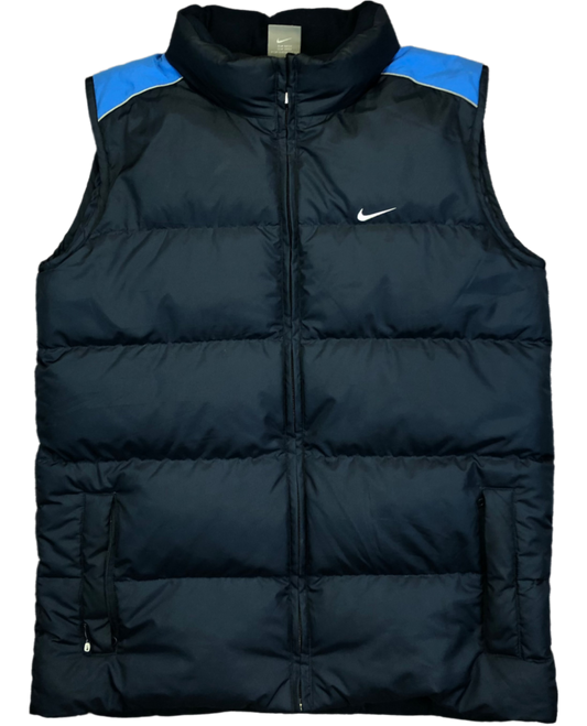 Vintage Y2K Nike blue puffer vest — front view, Mens S