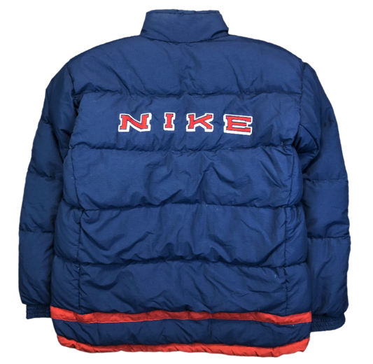 Vintage Y2K Nike multicolor reversible puffer jacket — front view, Mens Size M