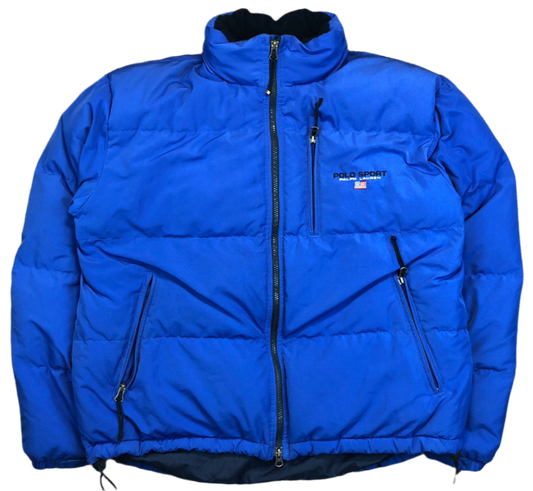 Vintage Ralph Lauren Polo Sport Y2K blue puffer jacket — front view, Mens Size L