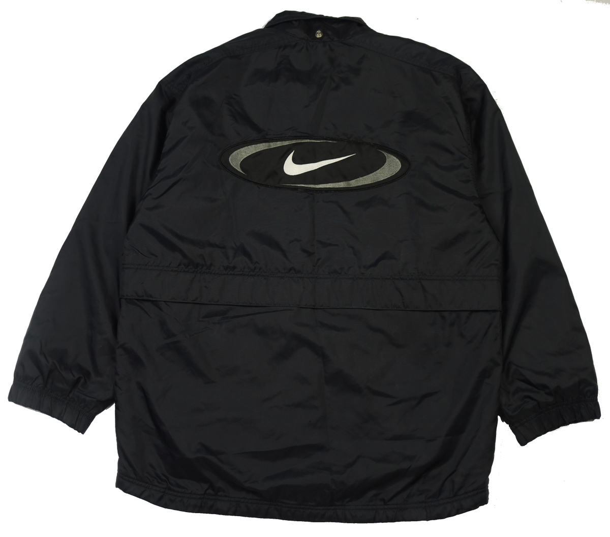 Vintage Nike big logo black jacket — front view, Mens Size S