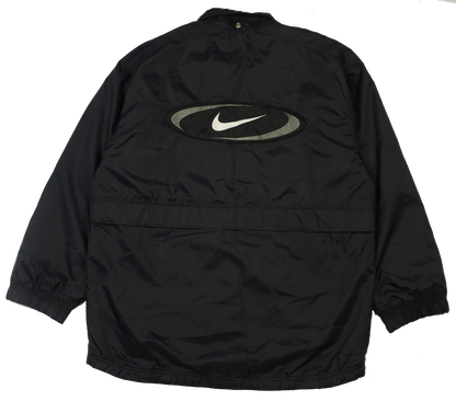 Vintage Nike big logo black jacket — front view, Mens Size S