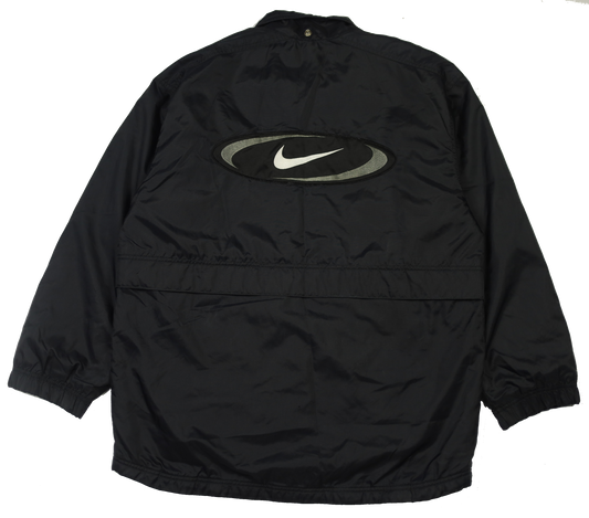 Vintage Nike big logo black jacket — front view, Mens Size S