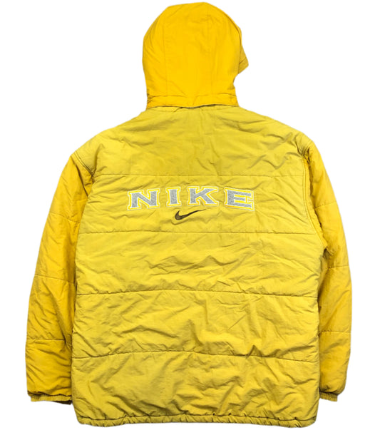 Vintage Y2K Nike yellow puffer jacket — front view, Mens XL