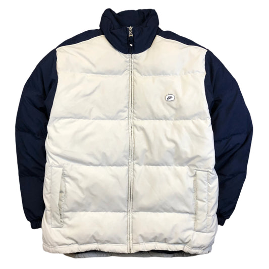 Vintage Y2K Nike white puffer jacket — front view, Mens L