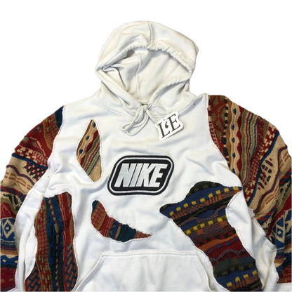 Upcycled COOGI 3D knit panel detail on Nike hoodie