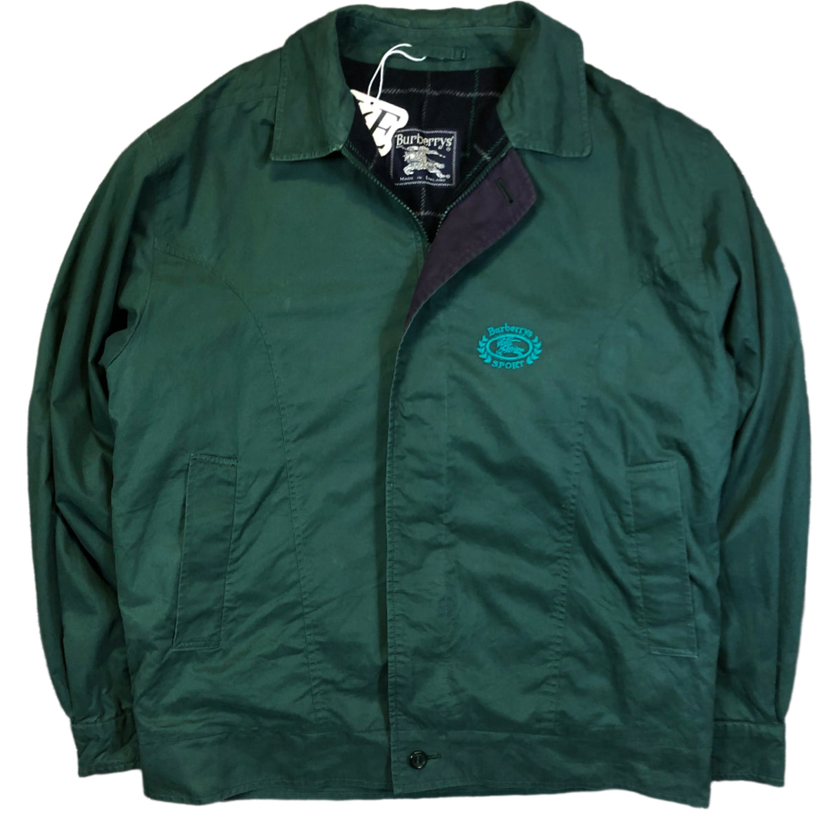Vintage Burberry 1999 green Harrington jacket — front view, Mens M (No. 3)