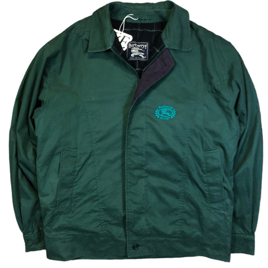 Vintage Burberry 1999 green Harrington jacket — front view, Mens M (No. 3)