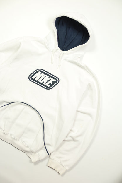 Vintage Nike swoosh detail on white hoodie