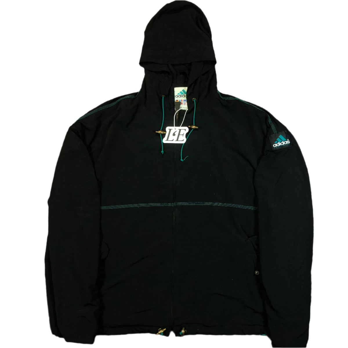Vintage Adidas Equipment 1999 black hooded jacket — front view, Mens XL