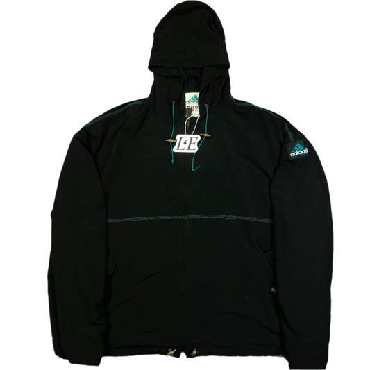 Vintage Adidas Equipment 1999 black hooded jacket — front view, Mens XL