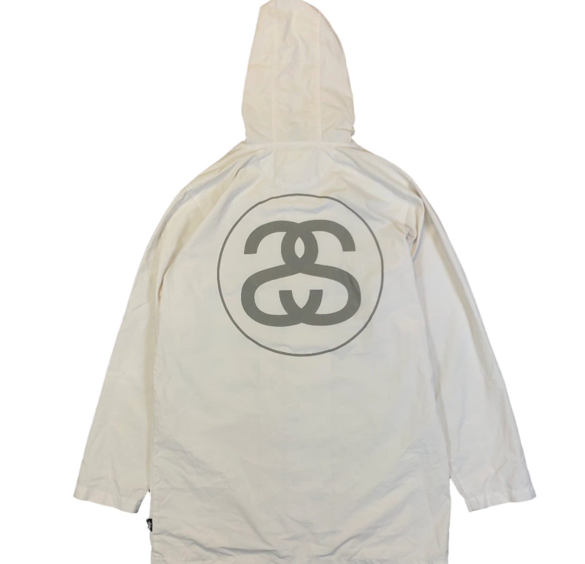 Vintage Stussy big logo reflective nylon jacket — front view, Mens S