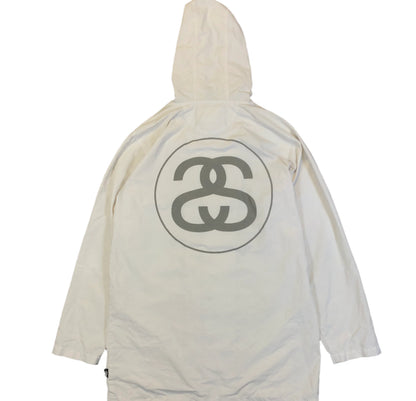 Vintage Stussy big logo reflective nylon jacket — front view, Mens S