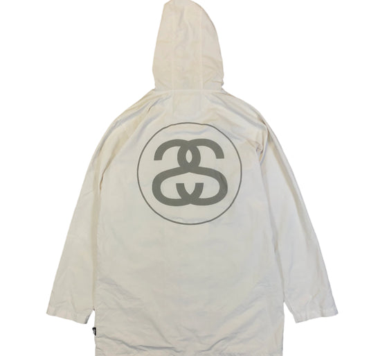 Vintage Stussy big logo reflective nylon jacket — front view, Mens S