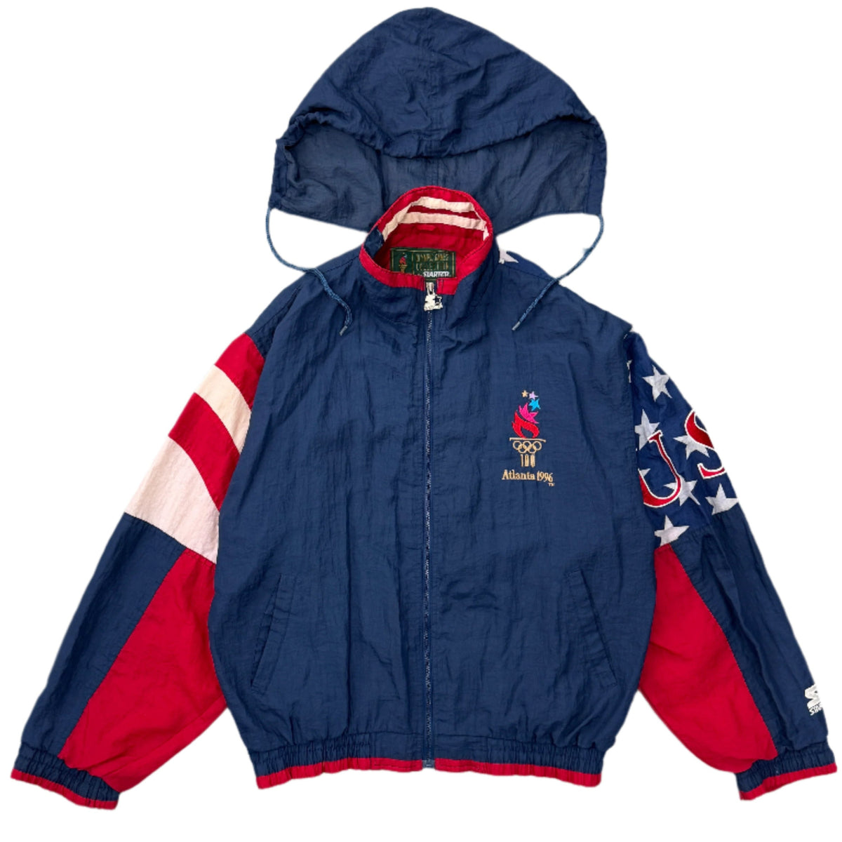 Vintage Starter USA Atlanta 1996 Olympics jacket — front view, Mens L