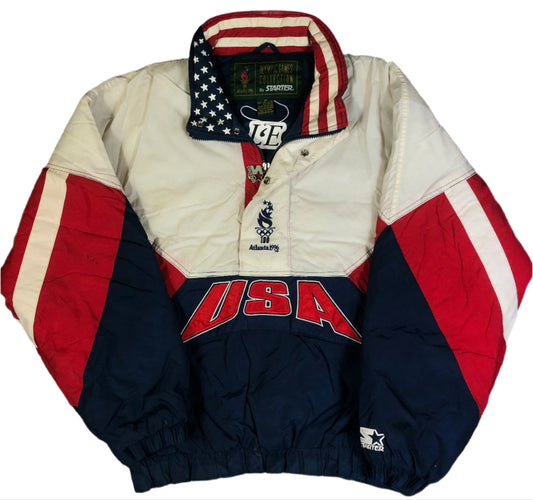 Vintage Starter Atlanta 1996 Olympics USA jacket — front view, Mens Size M