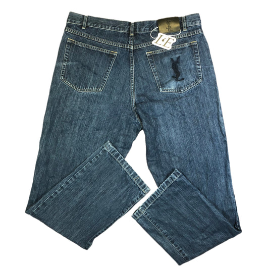 Vintage Yves Saint Laurent big logo indigo jeans — front view, Mens XL