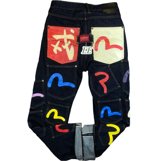 Vintage Evisu Multi Pocket Paris selvedge denim jeans — front view, Mens L
