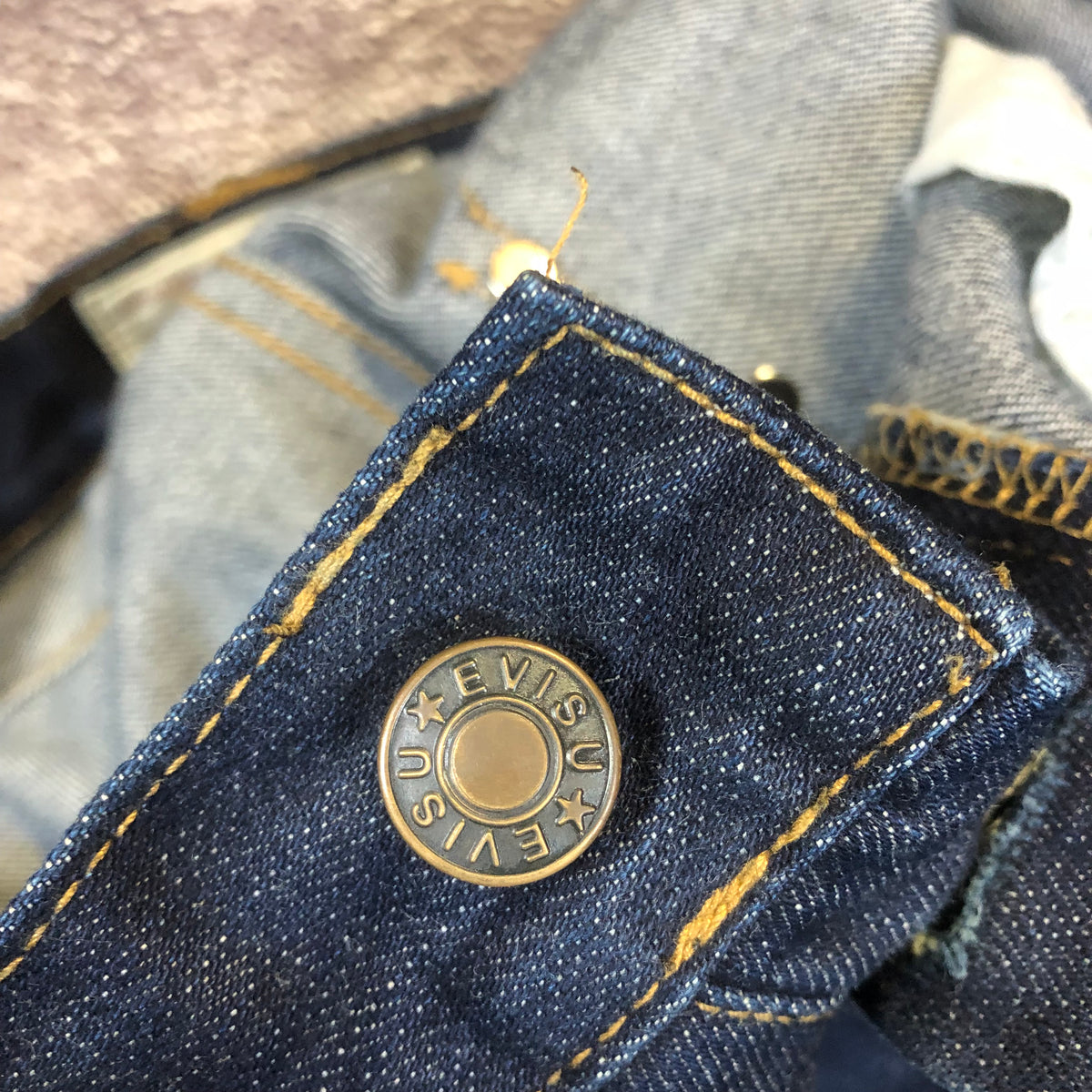 Evisu jeans waistband and zipper detail