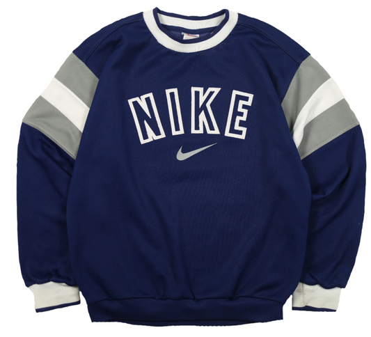 Vintage Nike big logo blue sweatshirt — front view, Size S